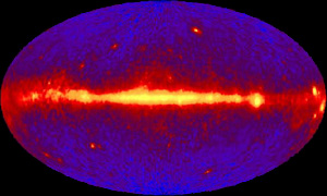 The EGRET all-sky map shows an image of the sky in gamma rays energies in Aitoff projection.