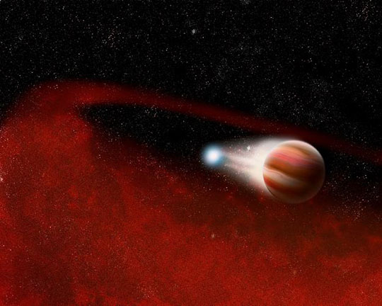 This image shows two bodies in binary orbit.  One is small and blue, while the other is large with horizontal stripes of red, maroon, mahogony, brown, and white.  Encircling the binary is a ring of red dust. In the background lies a starry night sky.