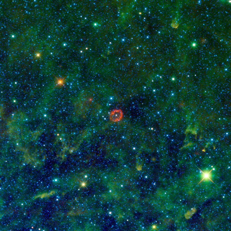 The white dot in the center of the red ring is a giant star.  The red ring is a sphere of stellar innards that star.