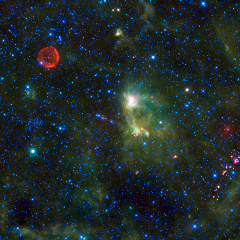 The red circle visible in the upper left part of the image is SN 1572, often called “Tycho’s Supernova”.
