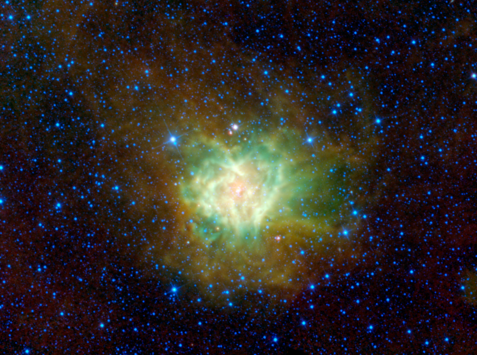 A bright blob of orange-colored star dusts in the middle with blue stars in the background.