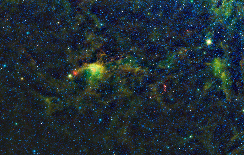 The concentrated portions of multicolored are new stars that have yet to begin nuclear fusion.