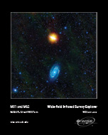 Two distinct galaxies are present in this image.  The top galaxy, Messier 81, is shown as bright orange-yellow.  The bottom galaxy, Messier 81, is shown as bright light blue.