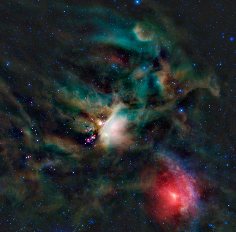 Scattered throughout the region you can see small clusters of bright red objects, especially near the upper left portion of the image. These are likely Young Stellar Objects, or YSOs, surrounded by cocoons of dense gas and dust.
