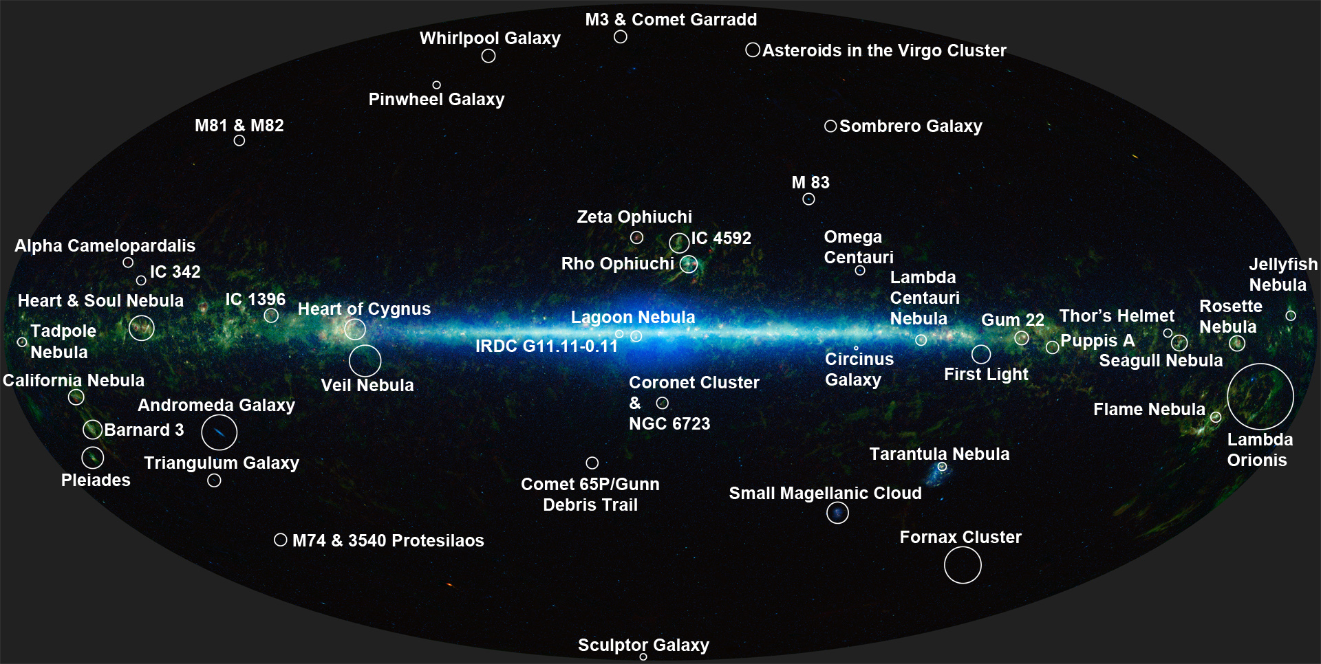 Tiny speckle like features in this image make up the sky.  This image is a mosaic of all the atlas images available in the WISE All-Sky Data Release.