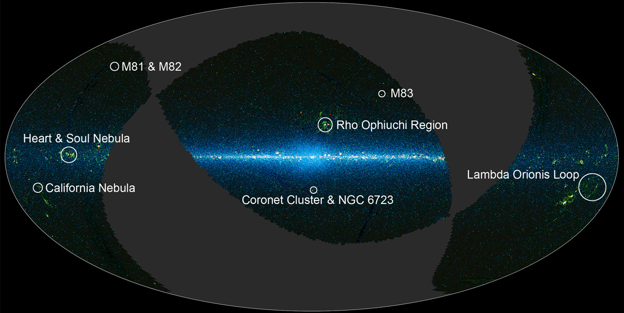 A map of the portion of the sky covered by the preliminary release of WISE data. There are links to the several constellations and objects.