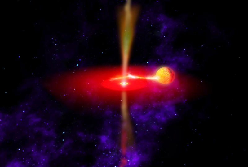 This artist's concept illustrates what the flaring black hole called GX 339-4 might look like. It shows a red disk in a field of stars, with yellow jets shooting out of the top and bottom.