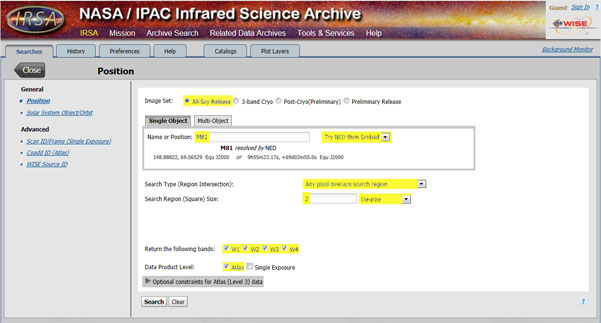 A screenshot of the WISE Image Service showing several text boxes filled in and bullet points checked. Areas highlighted in yellow show examples of the instructions in the text above the image. 