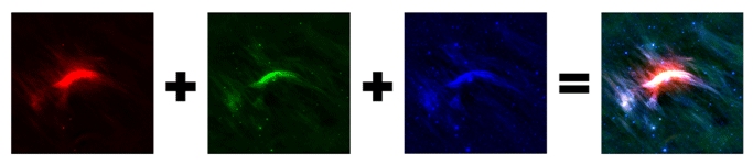 This image shows the combined full color image.  This image is comprised from a superposition of the three (red, green, blue) color assigned images from the step above.