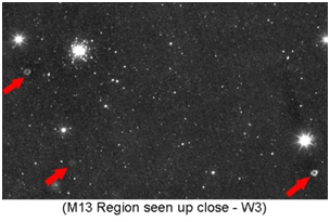 An image showing that ghosts look like little rings.  As illustrated, they often appear multiple times in one image, always in the same position relative to nearby bright stars. 