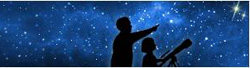 An adult and a child gazing up at the universe with a telescope.