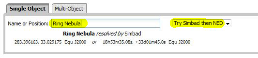 A screenshot showing that SIMBAD should be selected for objects within the Milky Way Galaxy. 