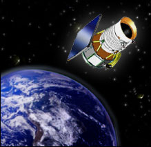 An artist’s conception of the WISE satellite in orbit around Earth.